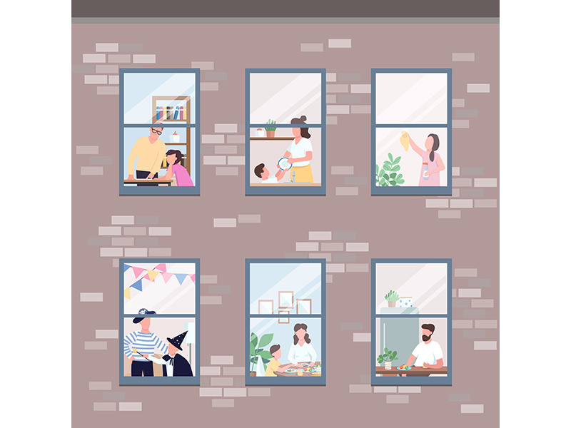 People in different apartments windows flat color vector illustration