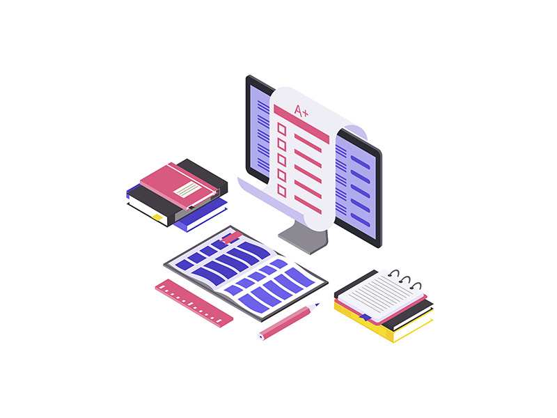 Online examination isometric color vector illustration