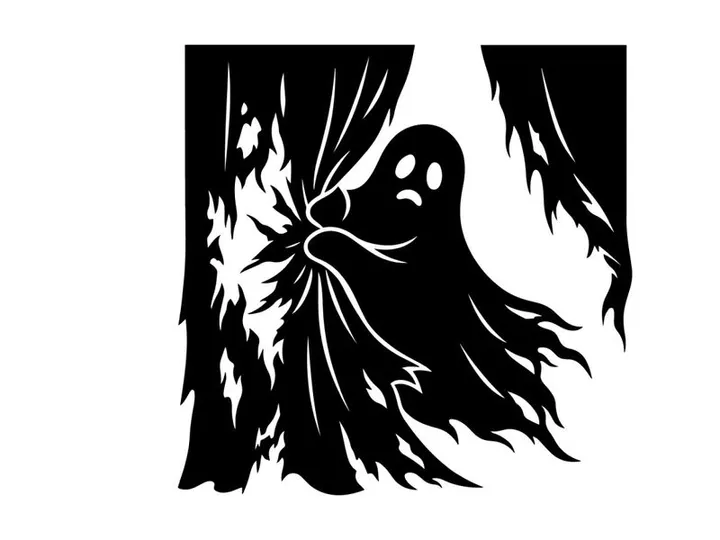 Silhouette of a spooky ghost with flowing hair and haunting eyes