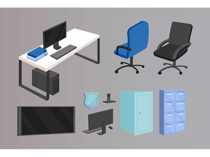 Office furniture flat color vector objects set
