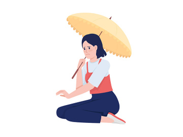 Unhappy woman with umbrella sitting semi flat color vector character preview picture