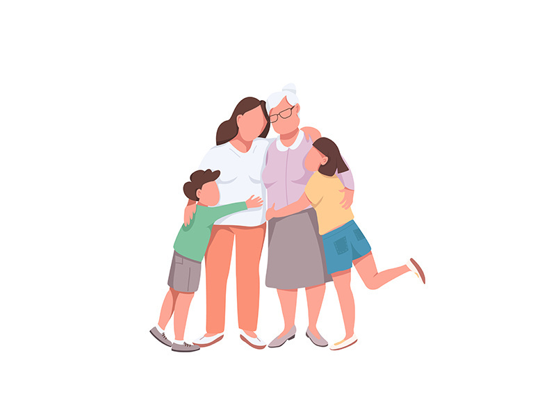 Grandma with children flat color vector faceless characters