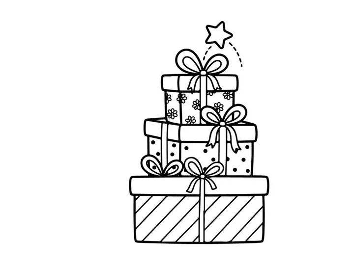 Stack of Christmas gift boxes with bows and a star, black and white line art illustration.