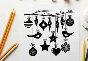Christmas ornaments silhouette hanging from a tree branch