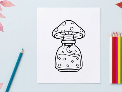Hand-drawn vintage poison bottle with mushroom stopper. Classic Halloween apothecary jar illustration for spooky decor.