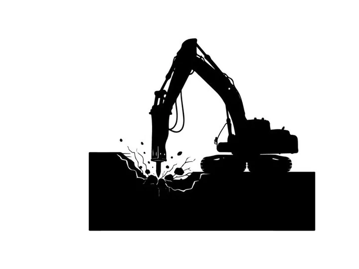 Silhouette of excavator digging into the ground with debris flying out
