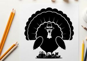 Silhouette of a pilgrim turkey with hat and feathers