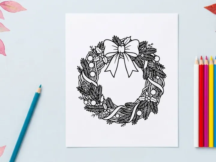 Ilustración de arte lineal de corona navideña con ramas de pino y un lazo decorativo