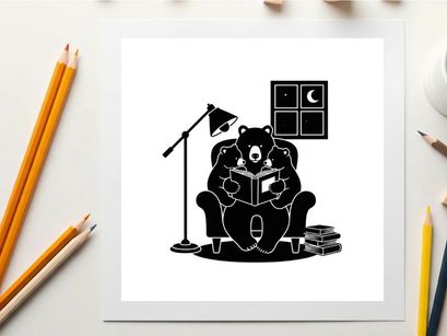 A silhouette of a bear reading a book in a cozy room at night silhouette