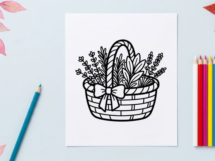 Wicker basket with herbs and flowers. Line art illustration of a floral gift basket.