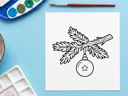 Christmas tree branch with hanging bauble ornament line art drawing