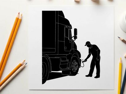 Silhouette of a man checking a semi truck tire in a depot