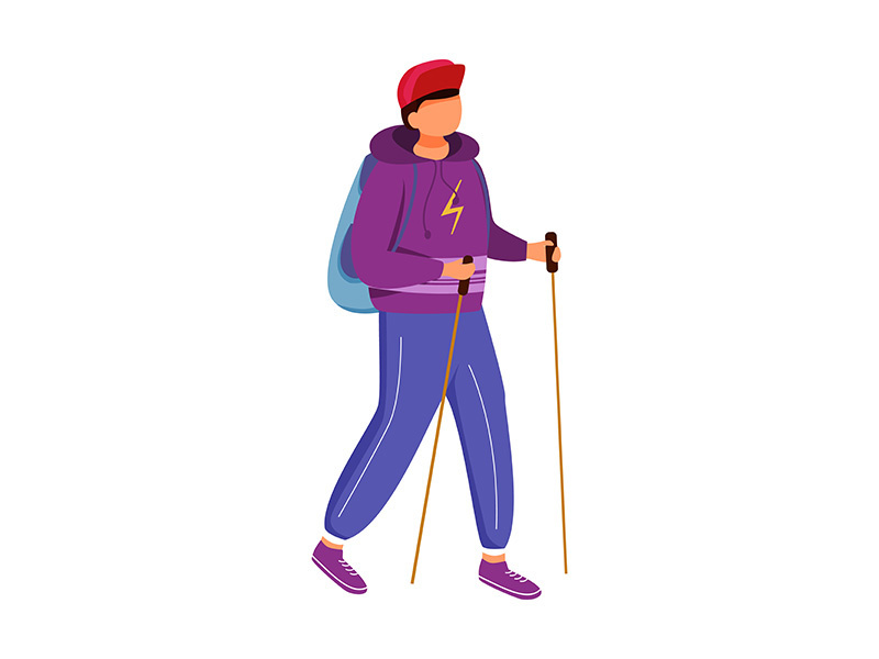 Teenager boy with hiking sticks flat vector illustration