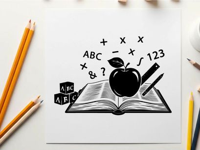 Silhouette of an apple on an open book with math symbols