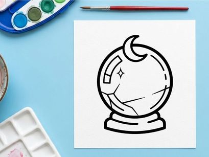 Hand-drawn Halloween soccer ball with crescent moon and star. Spooky sports equipment illustration for festive designs and decorations.