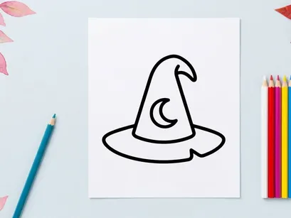 Halloween Hexenhut-Symbol isoliert auf weißem Hintergrund. Klassische schwarze Hexenkopfbedeckung für gruselige saisonale Designprojekte.