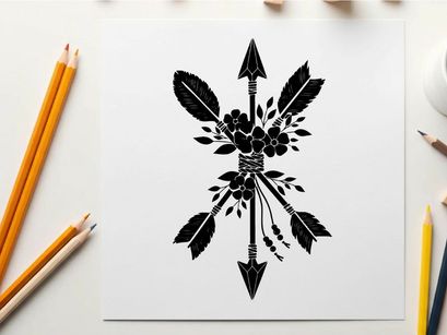 Silhouette of arrows and feathers with floral elements