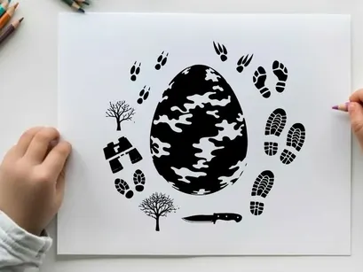 Silhouette of camouflage egg with footprints and outdoor objects