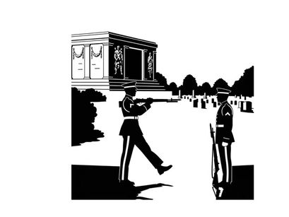 Soldiers standing guard at a memorial or cemetery silhouette