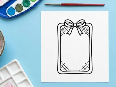 Weihnachtsschleife mit Geschenkanhänger, handgezeichnete Outline-Vektorillustration