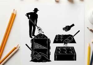 Silhouette of a man composting with a shovel and turning pile silhouette