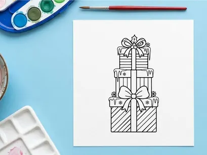 Christmas gift boxes stack, winter holiday present illustration with bows and snowflakes