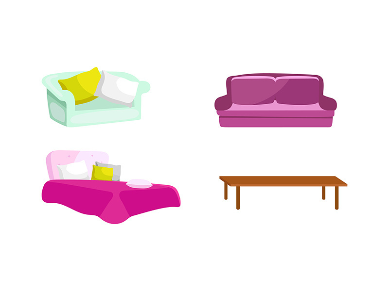 Bedroom and living room furniture flat color vector objects set