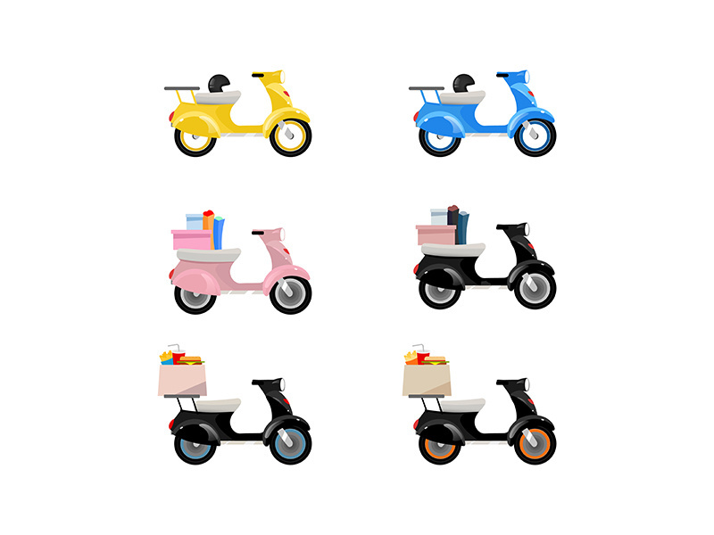 Delivery motorcycles flat color vector objects set