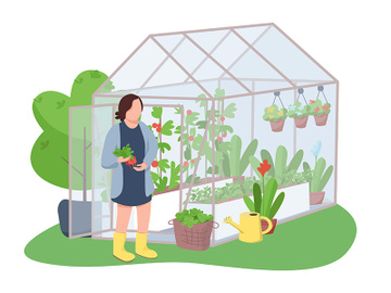 Woman and greenhouse 2D vector web banner, poster preview picture