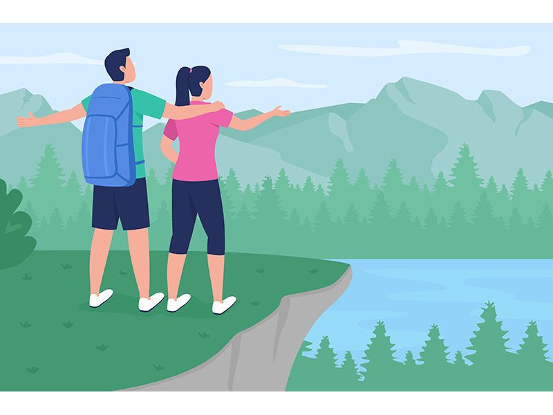 Backpacker couple in countryside flat color vector illustration