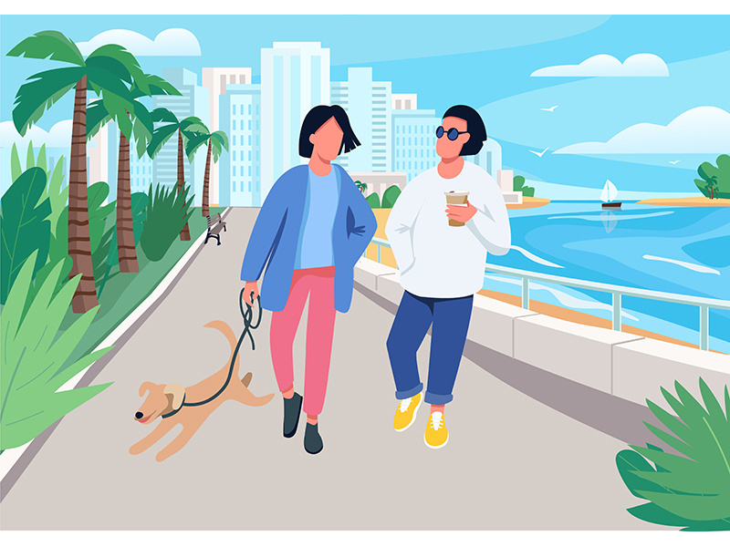 Couple with dog walking along seafront flat color vector illustration
