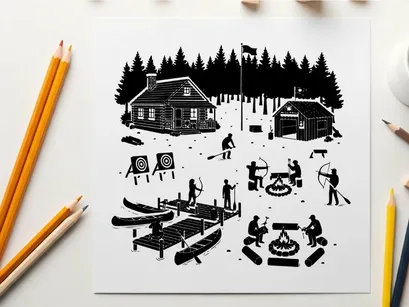 Winter camping silhouette scene with people and cabins