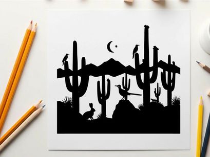 Desert silhouette with cacti and birds under moonlight
