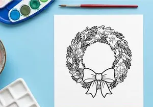 Hand-drawn white fur Christmas wreath with silver bow for festive holiday decor
