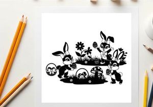 Three cartoon bunnies in a garden with flowers and mushrooms silhouette