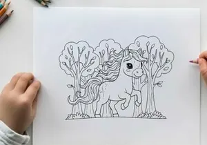 Cute unicorn in magical forest vector illustration