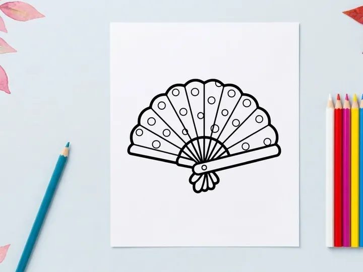 Ilustração de leque com pena de pavão desenhada à mão. Leque decorativo vintage com padrão circular elegante para artesanato e design.