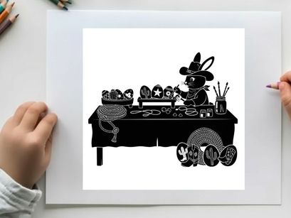 Silhouette of a mouse selling goods at a market stall