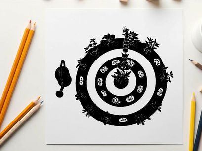 Silhouette of a dartboard with darts and floral pattern