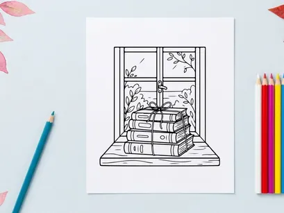 Pilha de presentes de Natal em um parapeito de janela, ilustração em traço desenhado à mão.