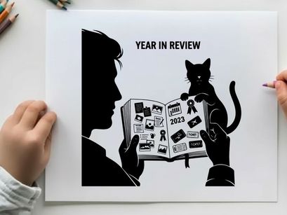 Silhouette of a person and cat reading a year in review calendar