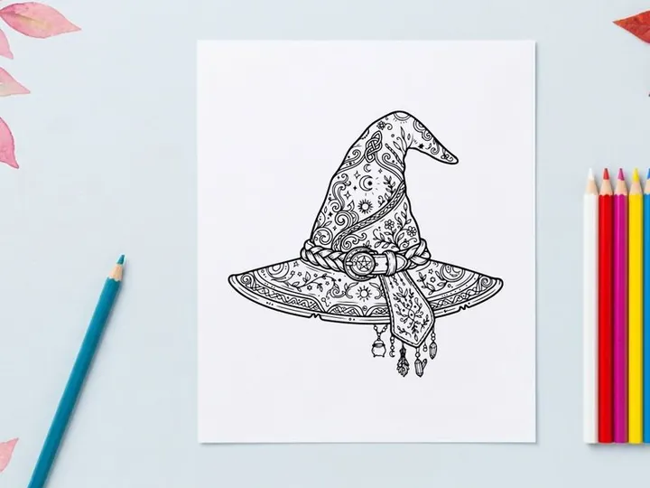 Sombrero de bruja dibujado a mano con detalles de encaje y cintas. Ilustración de accesorio de disfraz de Halloween vintage para manualidades y diseño.