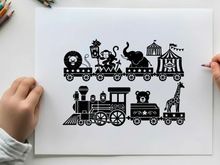 black and white train with animals vector illustration