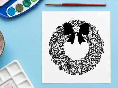 Handgezeichneter Weihnachtskranz mit roter Schleife und Stern, isoliert auf weißem Hintergrund