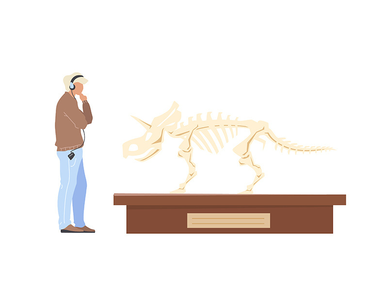 Paleontology exhibition male visitor flat color vector faceless characters