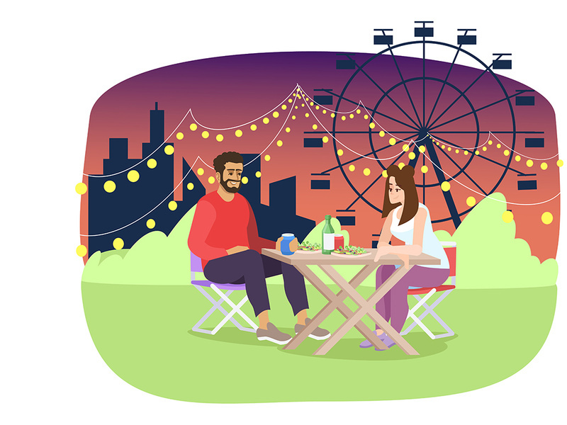 Couple have romantic supper at night fair flat illustration