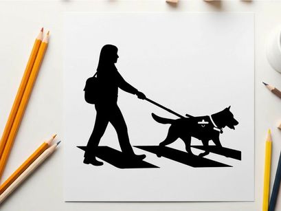 Silhouette of a woman walking her dog on a leash outdoors