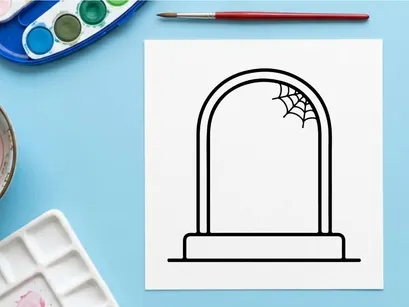 Pintu lengkung Halloween dengan hiasan kelelawar gantung. Desain pintu masuk menyeramkan untuk dekorasi rumah musiman dan persiapan pesta.
