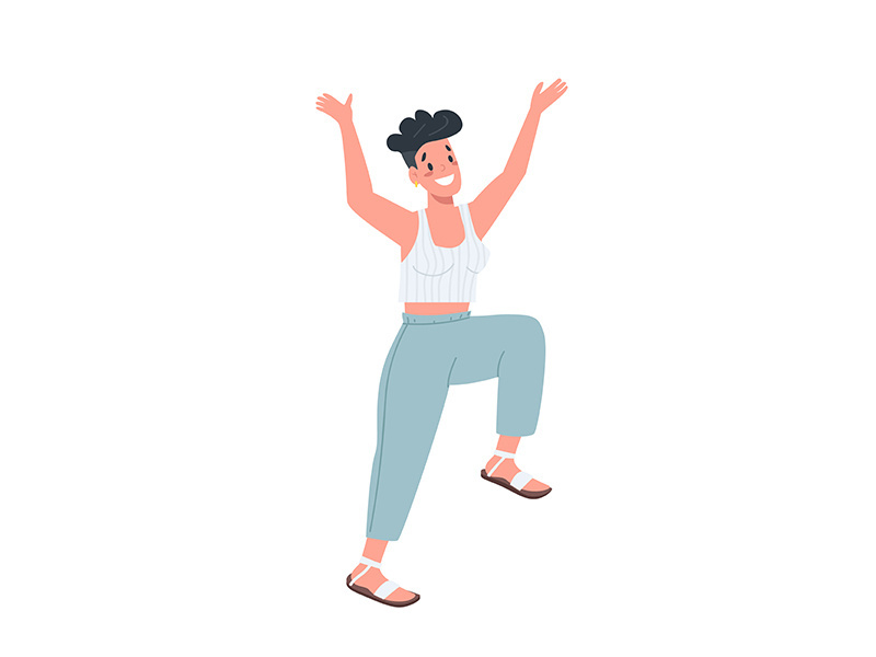 Excited caucasian female flat color vector faceless character