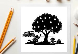 Silhouette of a person under a tree with lanterns and a bus